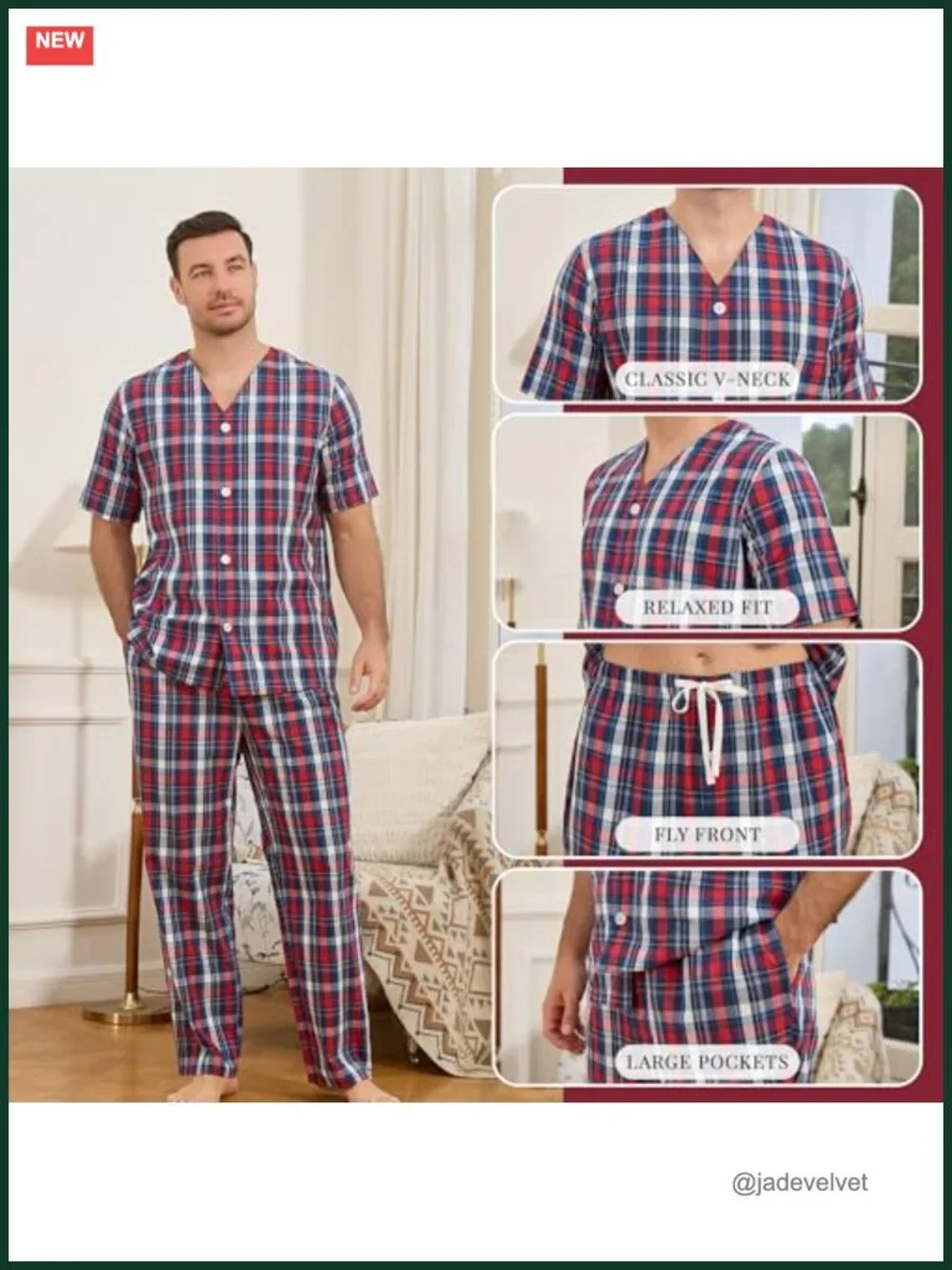100% Cotton Mens Pajamas Set Button Down Short Sleeve Sleepwear